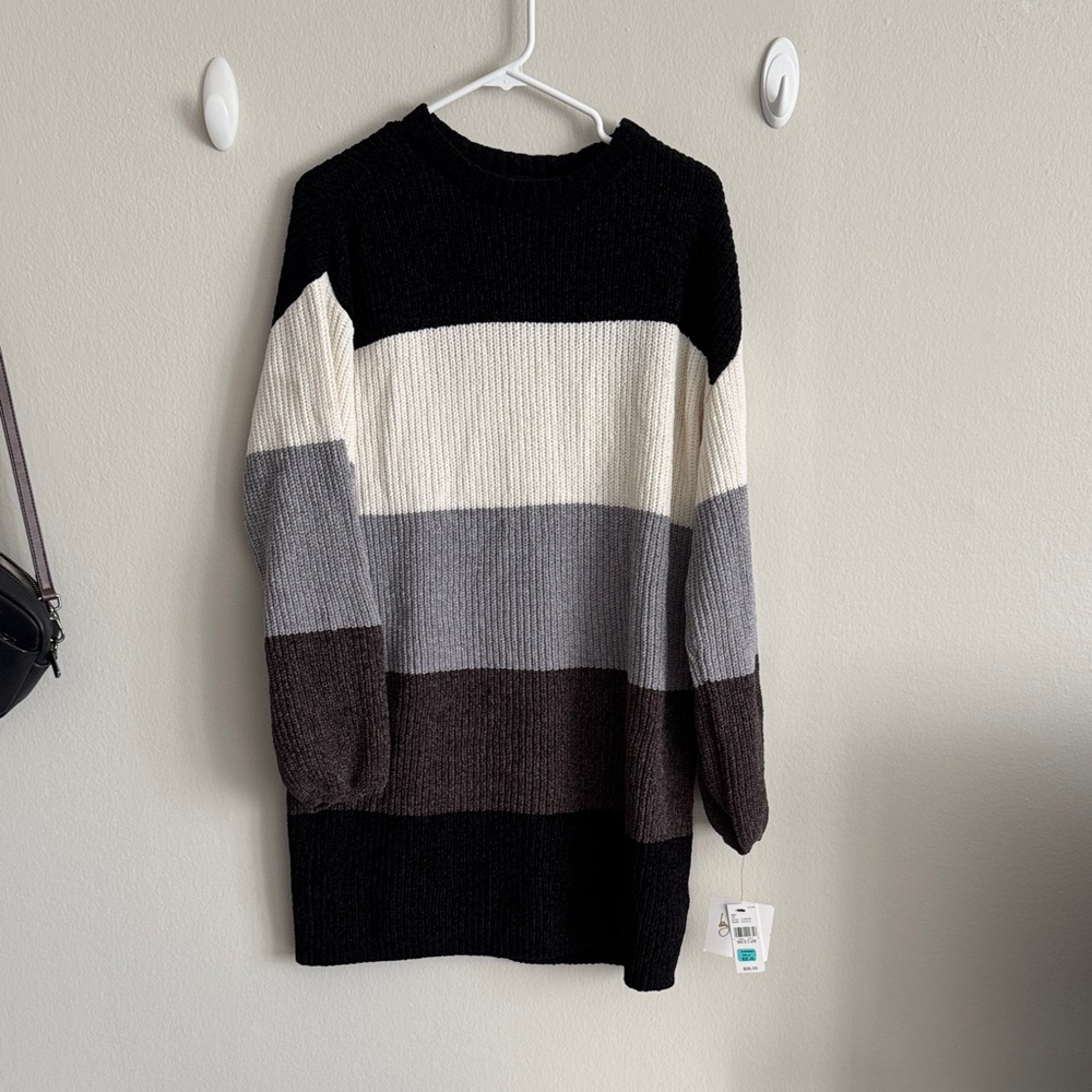 Women’s Striped Sweater Dress - Black, Gray, White